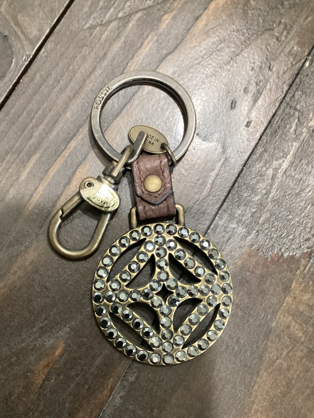 Fossil Brown Leather and Antique Gold Jeweled Round Keychain